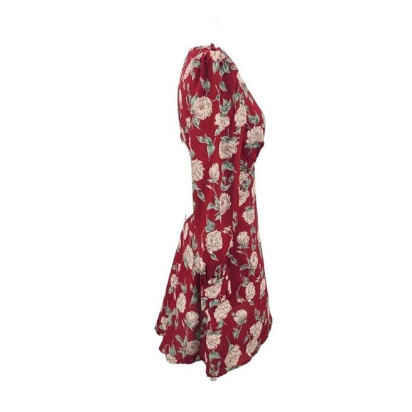 New Flynn Skye Elena Mini Dress Womens M Red White Roses Rayon LS Open Back - Picture 2 of 6